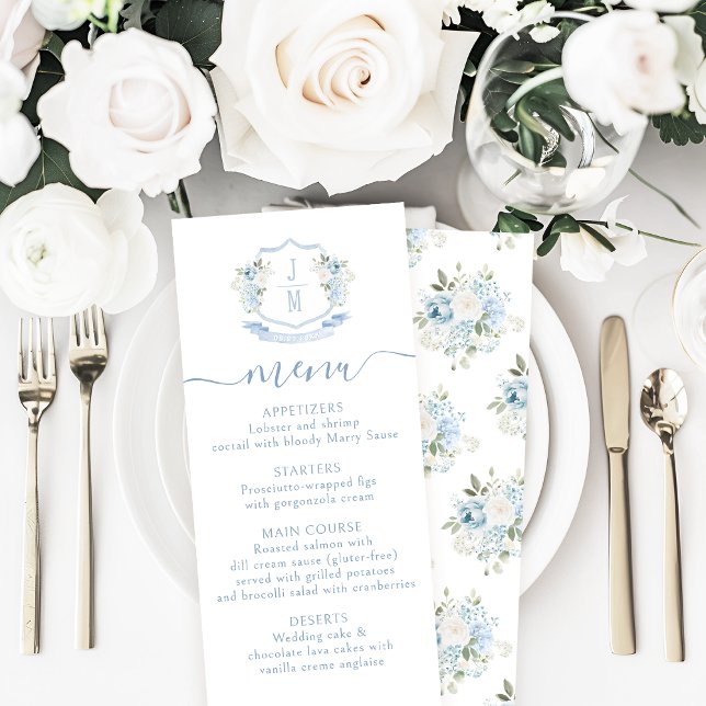 Light Blue Floral French Crest Wedding Menu Cards (Creator Uploaded)