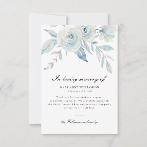 light blue floral funeral thank you note card