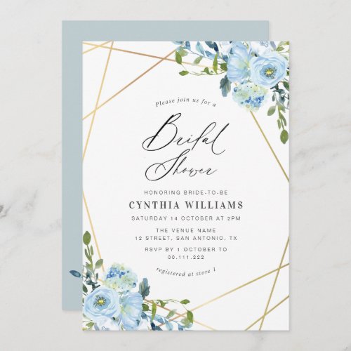 light blue floral geometric bridal shower invitation