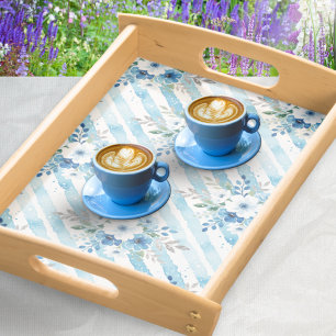 Light Blue Floral Geometric Coastal Kitchen Serving Tray