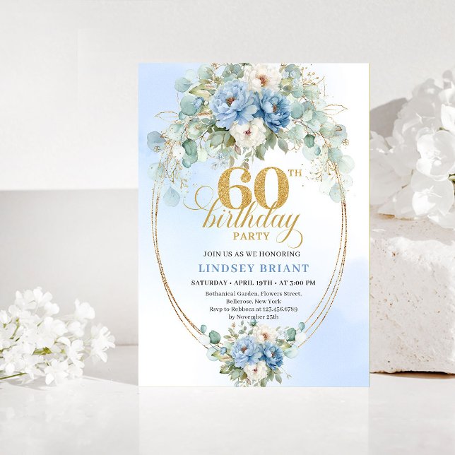 Light Blue Floral Gold 60th Birthday Invitation (Light Blue Floral Gold 60th Birthday Invitation)