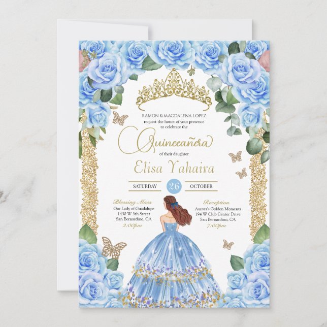 Light Blue Floral Gold Butterfly Quinceañera Invitation (Front)