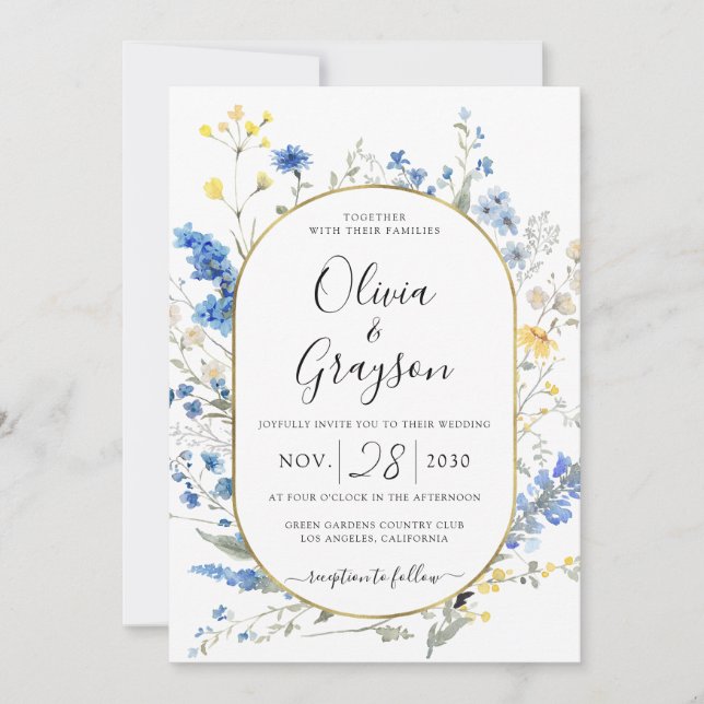 Light Blue Floral Gold QR RSVP All In 1 Wedding Invitation (Front)