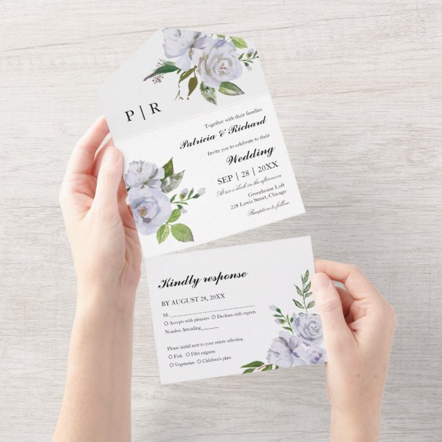 Light Blue Floral Monogram Elegant Wedding All In One Invitation (Tearaway)