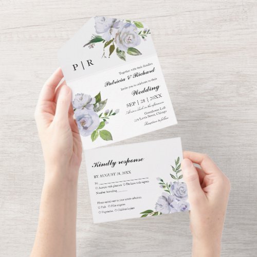 Light Blue Floral Monogram Elegant Wedding All In One Invitation