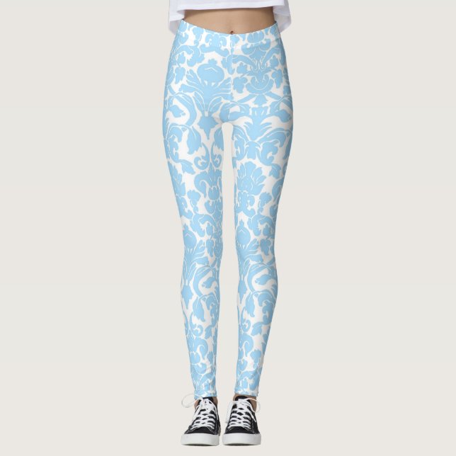Light Blue Floral Ornate Damask Pattern Leggings (Front)