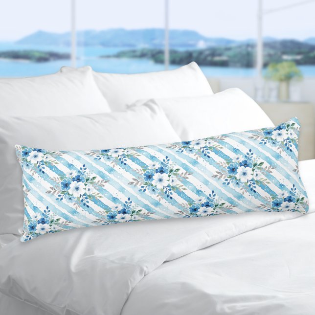 Light Blue Floral Pattern Coastal Minimal Body Pillow (An elegant blue and white striped body pillow with floral bouquet and leaves repeating pattern)