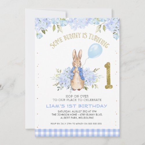 Light Blue Floral Peter Rabbit 1st Birthday Invitation - Light Blue Floral Peter Rabbit 1st Birthday Invitation

Sweet bunny themed first birthday invitation for a baby boy featuring a cute Peter Rabbit illustration, various baby blue floral arrangements, and faux gold glitter dots and number.  The faux gold heading and number are removable. This design is ideal for someone having a Peter Rabbit themed birthday party.