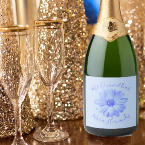 Light Blue Floral Quinceaera Sparkling Wine Label