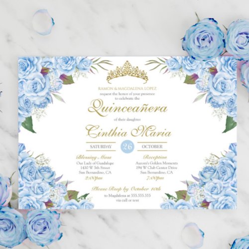 Light Blue Floral Rose Cinderella Quinceanera Invitation