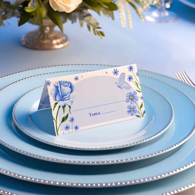 Light Blue Floral Roses & Butterfly Quinceañera  Place Card (Light Blue Floral Roses & Butterfly Quinceañera Place Card)