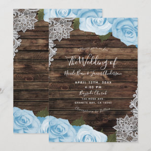 Light Blue Floral Roses Rustic Wood Lace Wedding Invitation