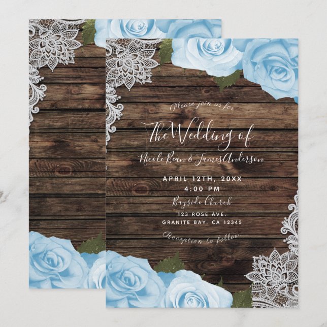 Light Blue Floral Roses Rustic Wood Lace Wedding Invitation (Front/Back)