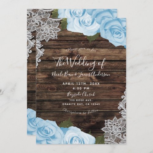 Light Blue Floral Roses Rustic Wood Lace Wedding Invitation