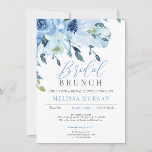 Light blue floral rustic winter bridal brunch invitation