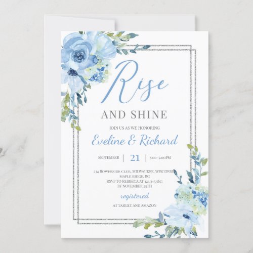 Light blue floral silver frame rise and shine invitation