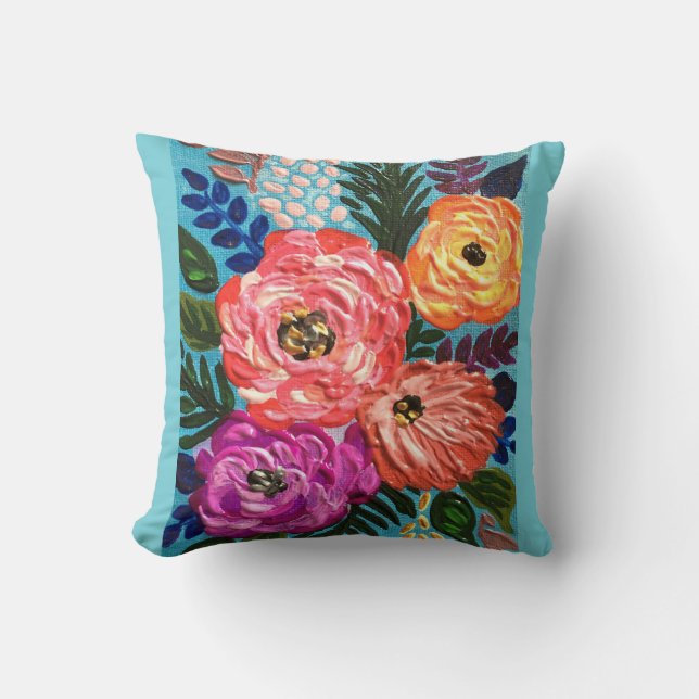 Light Blue Floral Throw Pillow (Front)