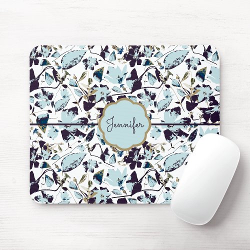 Light Blue Floral Watercolor Clematis Name Mouse Pad