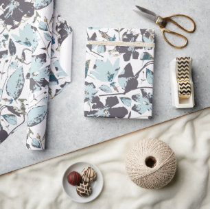 Light Blue Floral Watercolor Clematis Vine Wrapping Paper