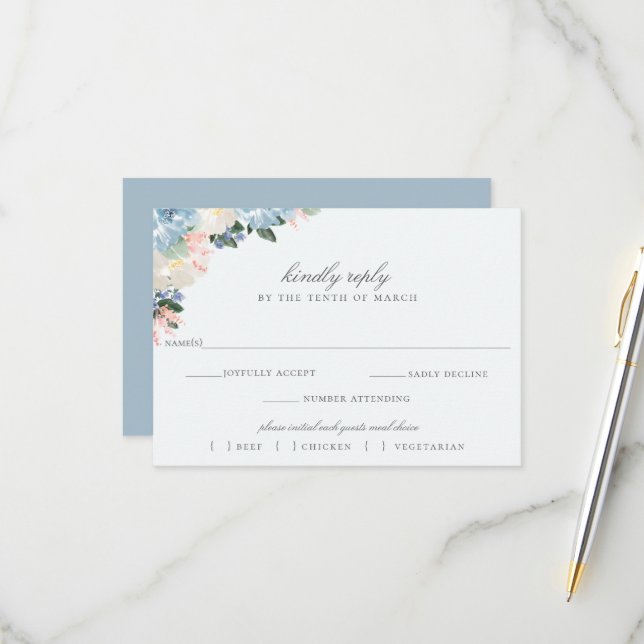 Light Blue Floral Wedding RSVP Meal Choice Card (Front/Back In Situ)