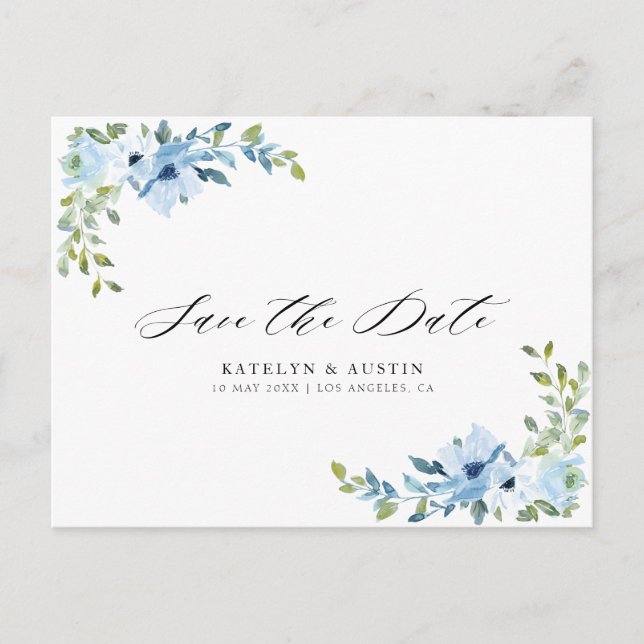 light blue floral wedding save the date postcard (Front)