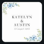 light blue floral wedding square sticker<br><div class="desc">watercolor light blue flowers wedding sticker. The text details and colors can be edited.</div>