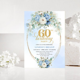 Light blue floral white peony gold 60th birthday invitation