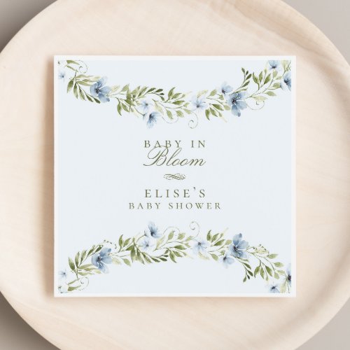 Light Blue Floral Wreath Baby in Bloom Baby Shower Napkins