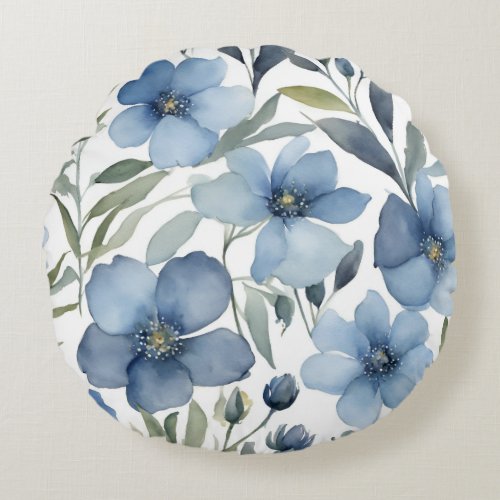 Light Blue Flower Floral Design Watercolors Round Pillow