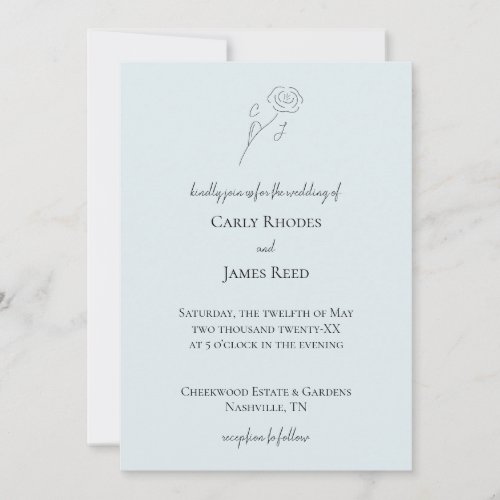 Light Blue Flower Line Art Monogram Wedding Invitation