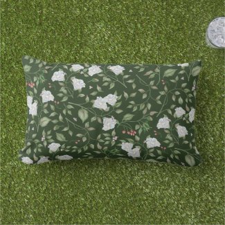Light Blue Flowers and Gooseberries Forest Green Lumbar Pillow