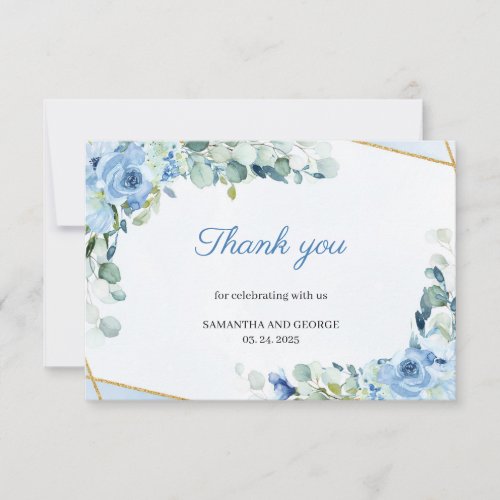 Light Blue Flowers Faux Gold Geometric Wedding Thank You Card