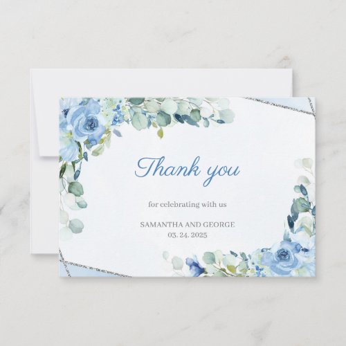Light Blue Flowers Faux Silver Geometric Wedding Thank You Card