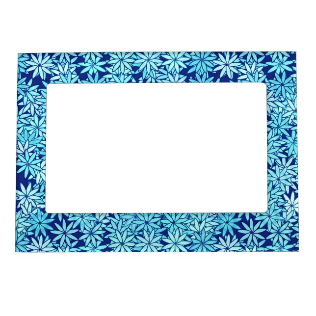 Light blue flowers, navy background magnetic photo frame (Front)