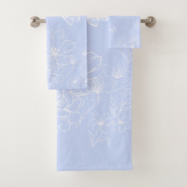 Light Blue Flowers Pattern, Floral, Minimalist Bath Towel Set (Insitu)