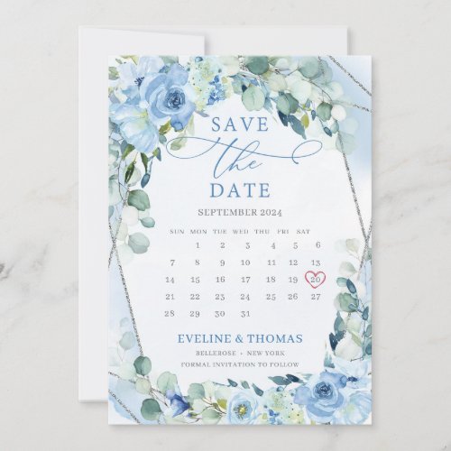 Light Blue Flowers silver frame calendar month  Save The Date