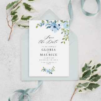 light blue flowers wedding save the date
