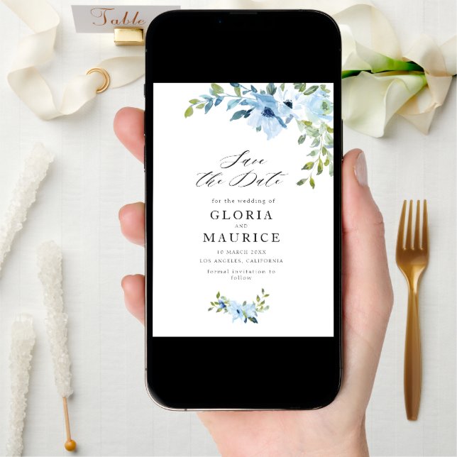 light blue flowers wedding save the date (Front Digital)