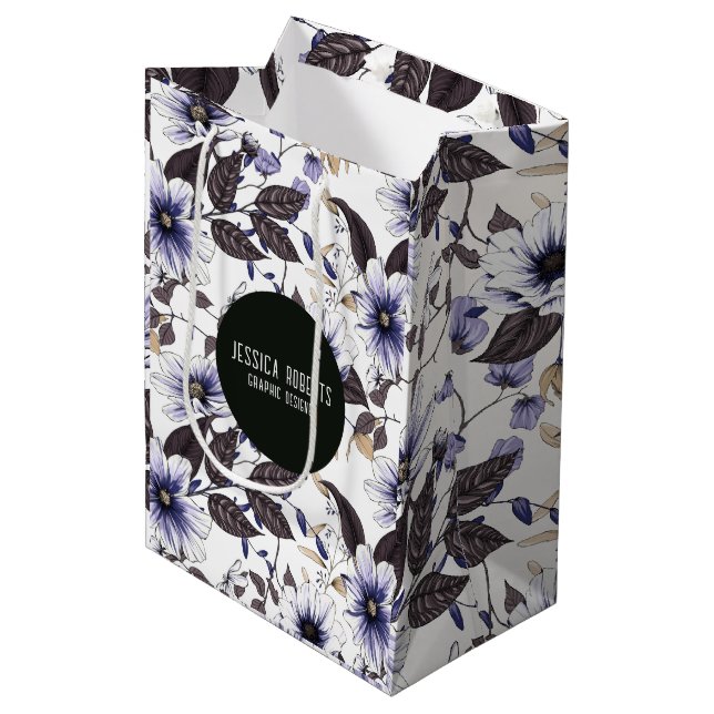 Light blue flowers with green leaves seamless medium gift bag (Front Angled)