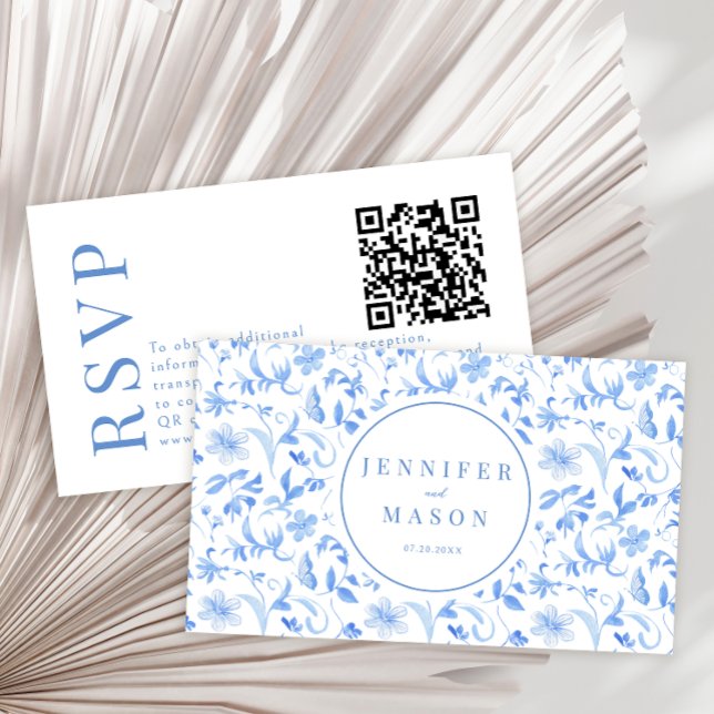 Light blue folk floral wedding RSVP QR code cards (Creator Uploaded)