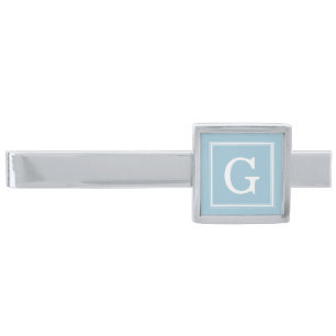 Light Blue Framed Monogram Silver Finish Tie Clip