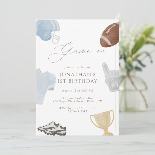 Light blue Game On Football Birthday Invitation (Standing Front)
