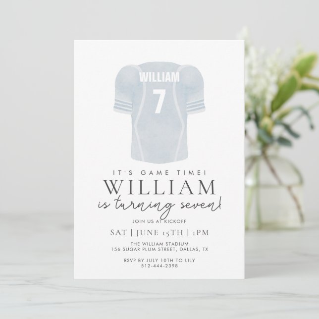 Light Blue Game Time Football Jersey Birthday  Invitation (Standing Front)