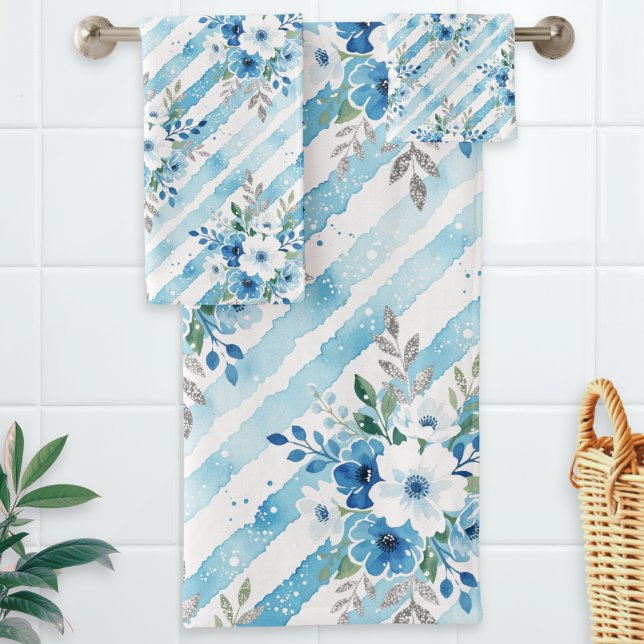 Light Blue Geometric Coastal Spa Bathroom Decor Bath Towel Set (A bath towel set with floral and striped pattern in blue, white and green, in a watercolor style)