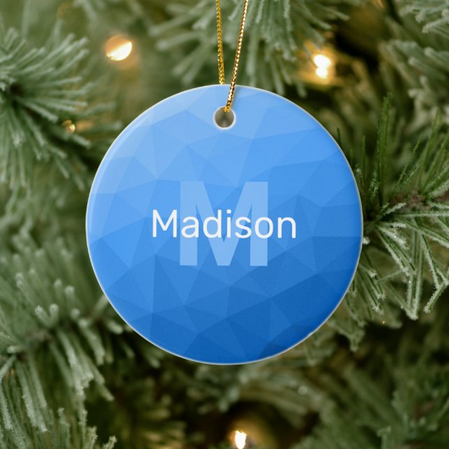 Light blue geometric mesh pattern Monogram Ceramic Ornament (Tree)