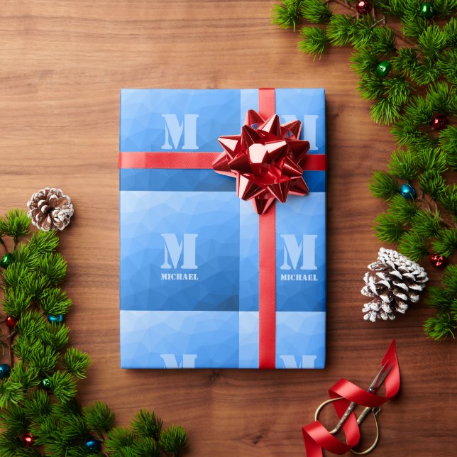 Light blue geometric mesh pattern Monogram Wrapping Paper (Holiday Gift)