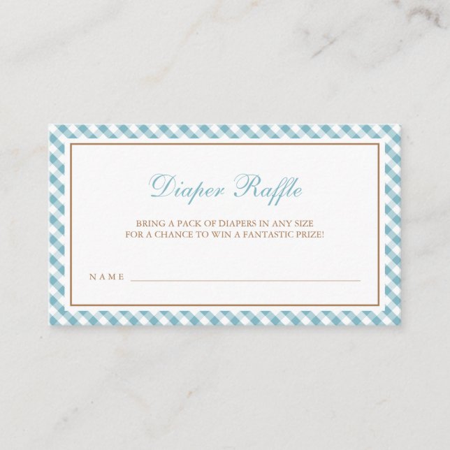 Light Blue Gingham Boy Baby Shower Diaper Raffle Enclosure Card (Front)