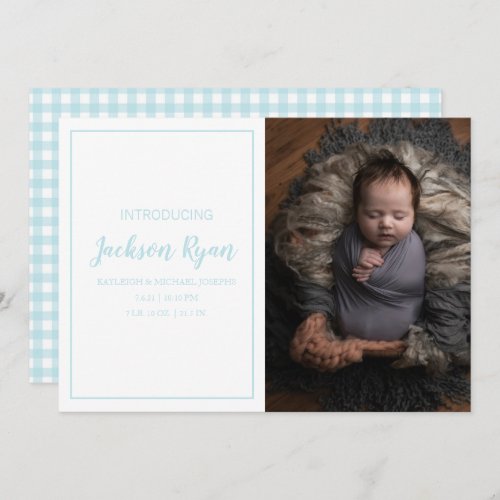 Light Blue Gingham Check Pattern Photo Birth Announcement