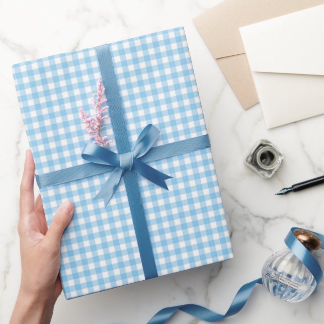 Light Blue Gingham Check Shower Birthday Wrapping Paper (Gifting)
