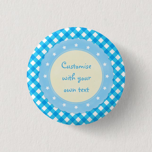 Light Blue Gingham Fancy Custom Text Button (Front)